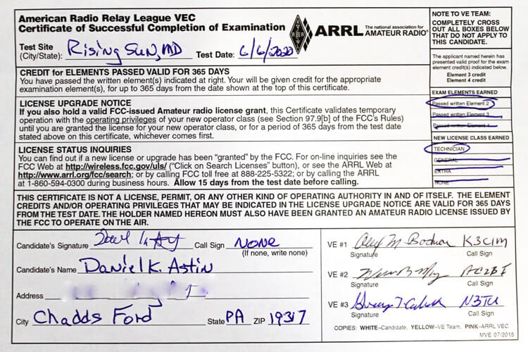 Technician License Certificate of Completion