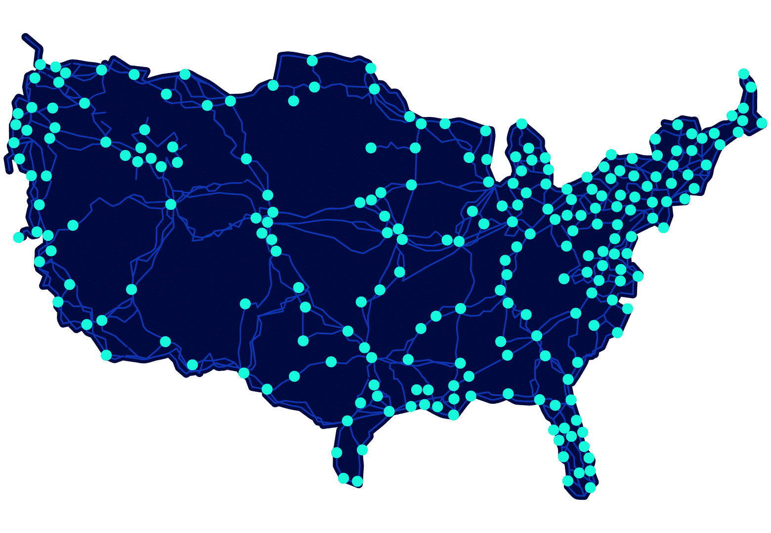 The major cables that make up the backbone of the United States Internet infrastructure.