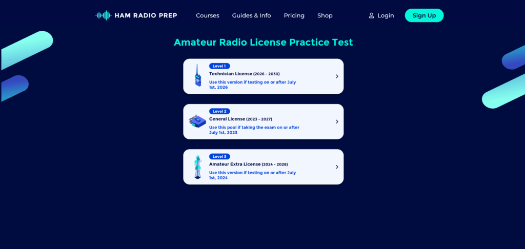 Ham Radio Prep practice test page with Technician, General, and Amateur Extra license exam options