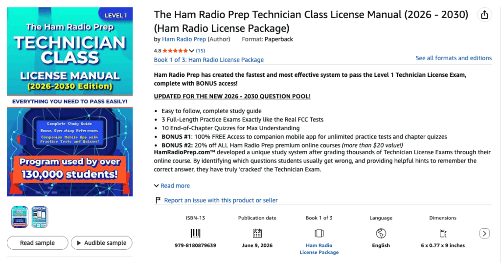 Paperback listing for the Ham Radio Prep Technician Class License Manual covering the 2026–2030 question pool