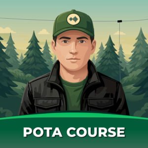 Illustrated portrait of a Parks on the Air operator in front of pine trees with an antenna wire and the text “POTA Course.”