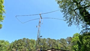 Close-up of Jim’s ham radio tower with antenna mounted at the top
