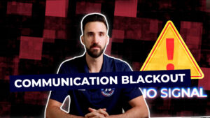 Graphic with a presenter and a caution triangle; bold overlay reads “Communication Blackout – No Signal.”