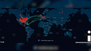 Dark world map with red location pins and green arcs showing amateur‑radio contacts across North America and Europe on WorldRadioLeague.com.