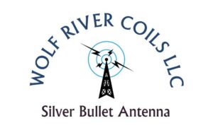 Wolf River Coils LLC Silver Bullet Antenna logo with a radio tower and signal waves