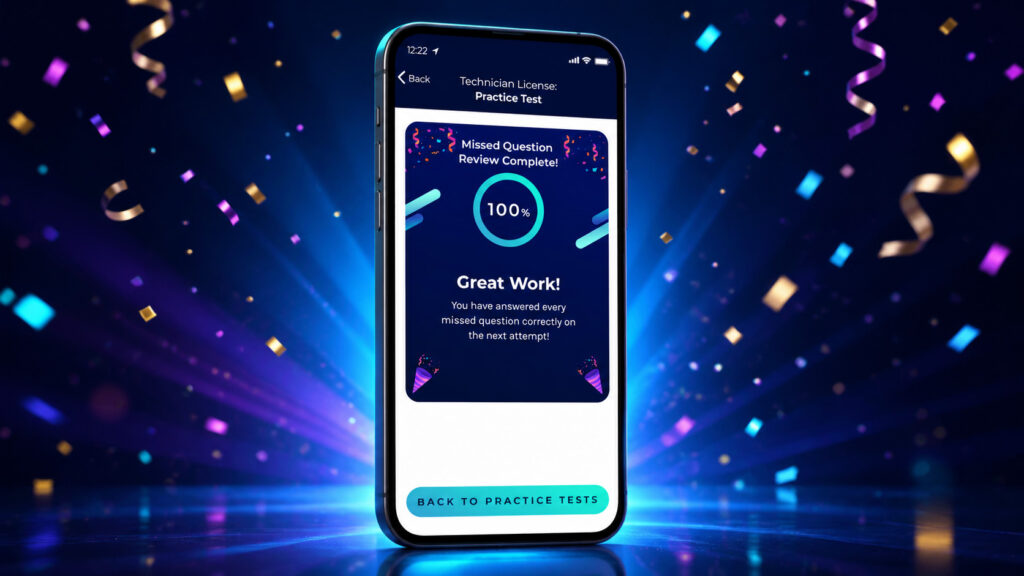 Ham Radio Prep app showing a 100 percent score after completing a missed-question review