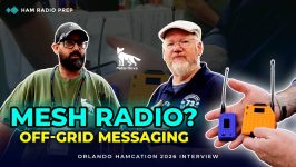 Jim from Ham Radio Prep discussing portable Meshtastic mesh radio devices with MakerNova at Orlando HamCation 2026