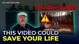 POTA safety warning showing a ham radio operator and an antenna near overhead power lines