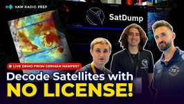 Three presenters in front of the SatDump screen and a weather image overlay with headline “Decode Satellites with No License.”